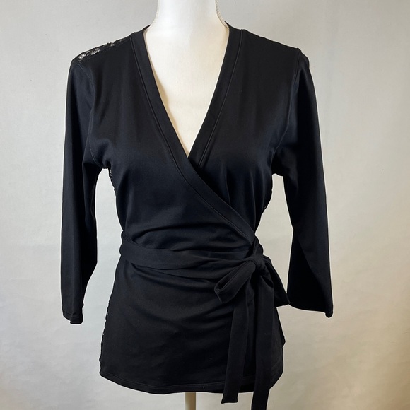 Boston Proper Black Lace Back Wrap Top Blouse Women's M 3/4 Sleeve Knit - Picture 1 of 6